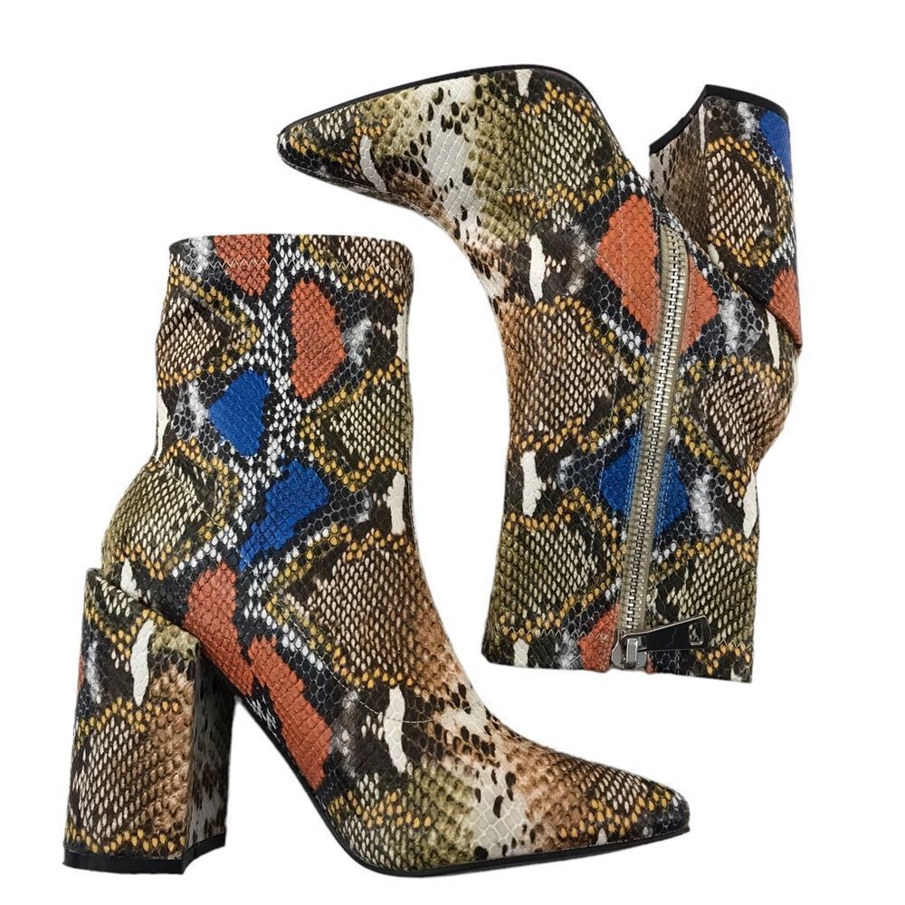 Public Desire faux colorful snakeskin chunky heel boots size 6